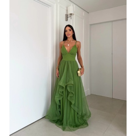 Vestido de Festa Verde Oliva Com Alça em Tule - Para Madrinhas, Convidadas e Formandas.