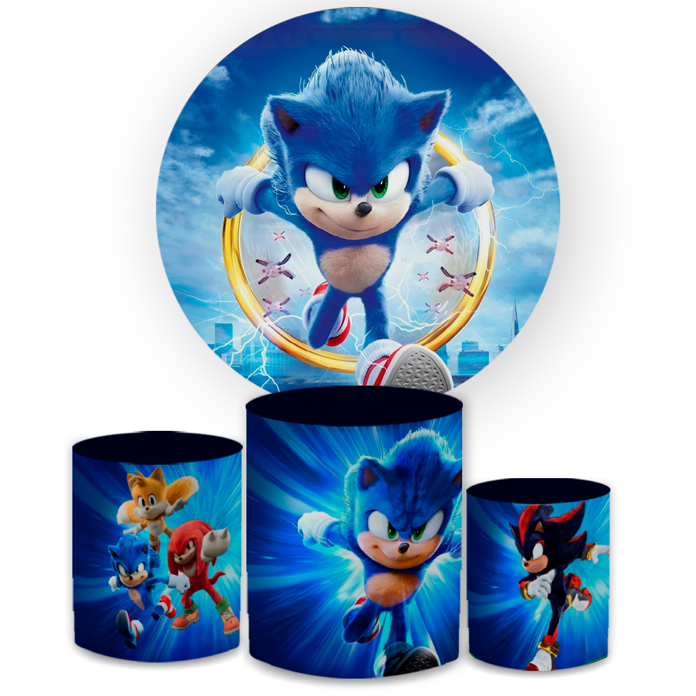 Capa Painel Redondo Sonicc + Cilindros Meninos Aniversário Infantil Decoração Bibi Paineis Oferta
