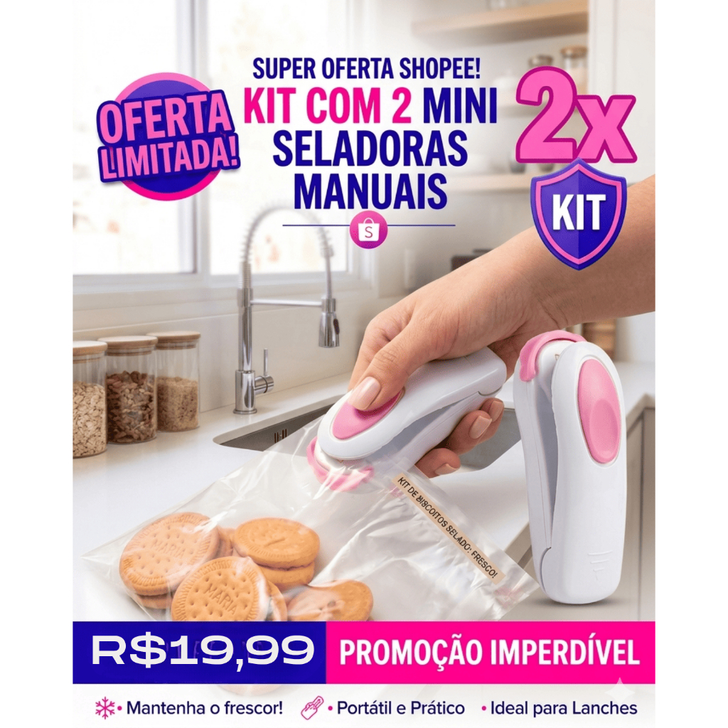 Kit 2 Mini Seladora Portátil Manual Fecha Sacos Embalagem Plástico Mantém Alimentos Frescos PilhaAA Branco Rosa Promoção em Oferta na Shopee