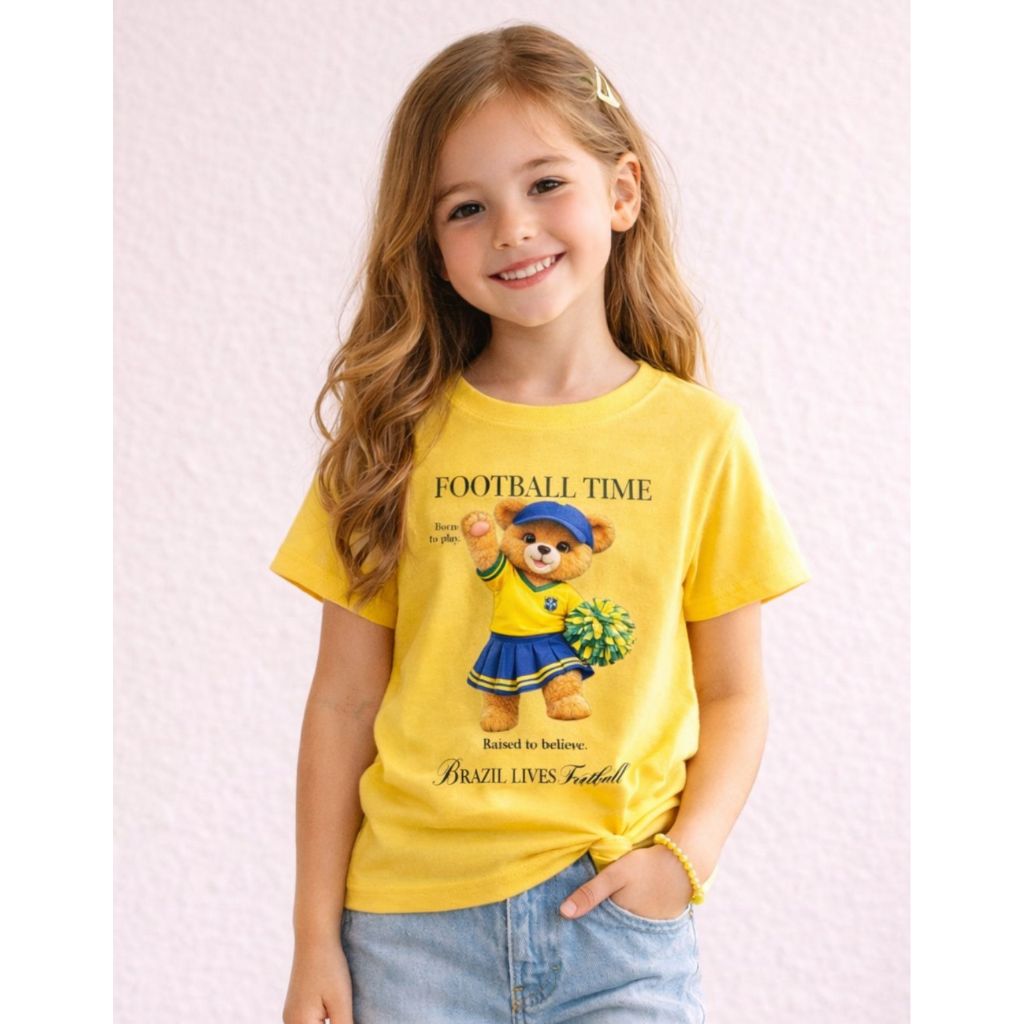 Camiseta Infantil Torcida Brasil Ursinho Cheer Copa Hexa Infantil Algodão Premium Confortável Tendência