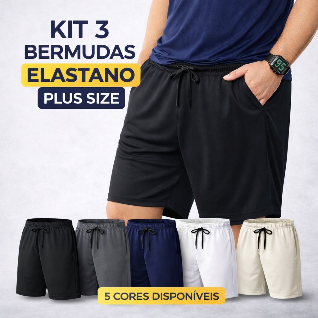 Kit 3 Bermuda Elastano Plus Size Masculina Original Secagem Rápida Bolsos laterais em Oferta na Shopee