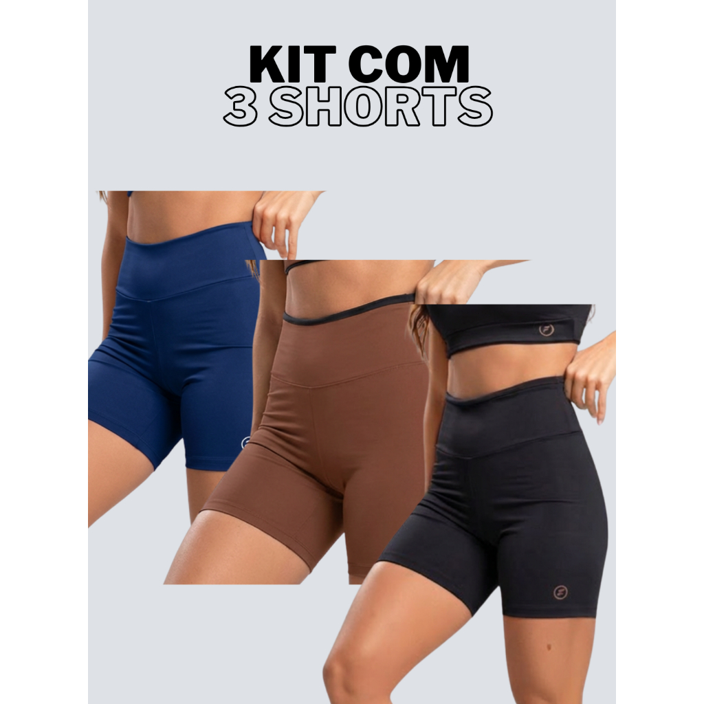 Kit com 3 Shorts Fitness Element Academia Bermuda Poliamida Zero Transparência Cós Alto Feminina