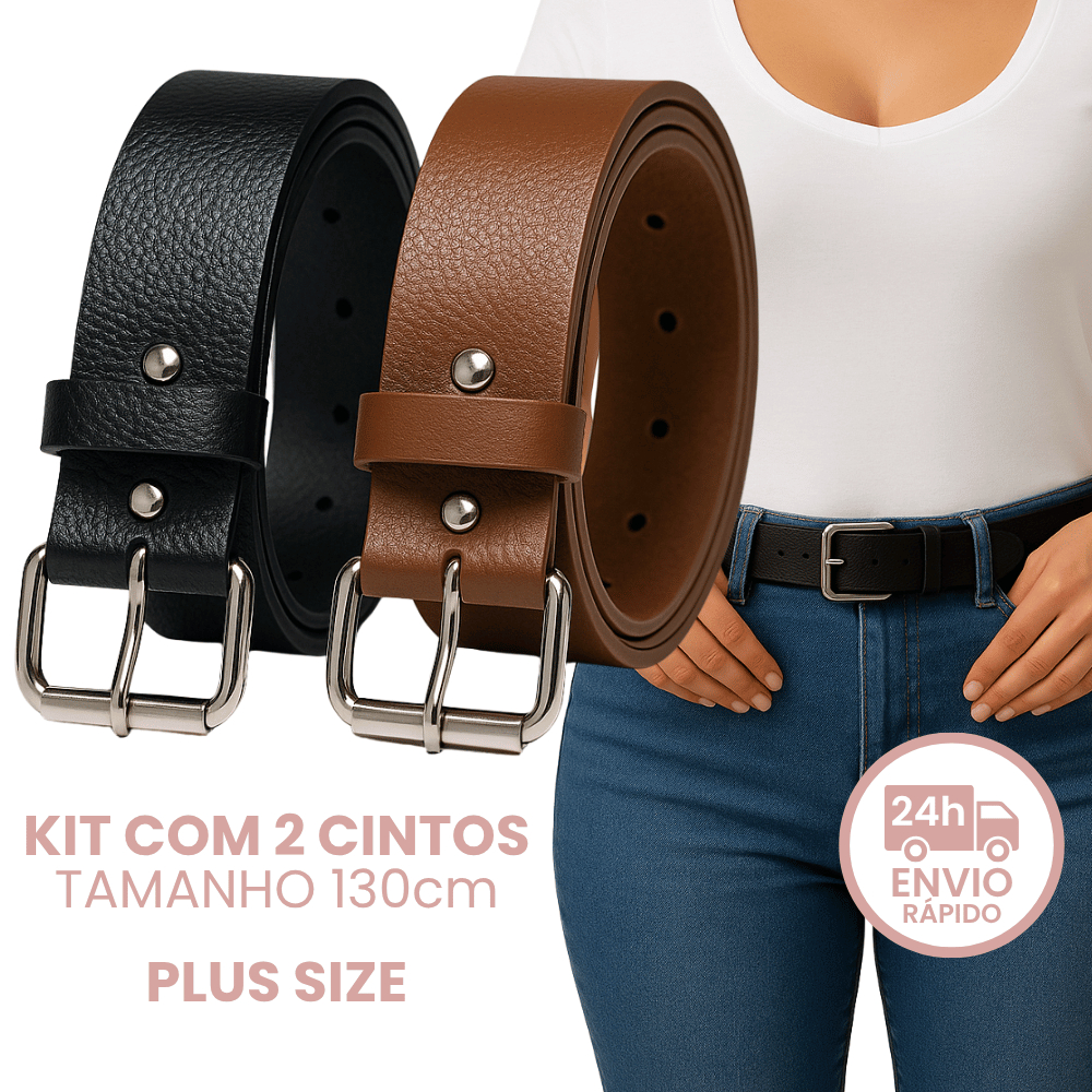 Kit 2 Cintos Femininos Plus Size Couro Sintético Preto Caramelo Branco Café Ajustável Elegante