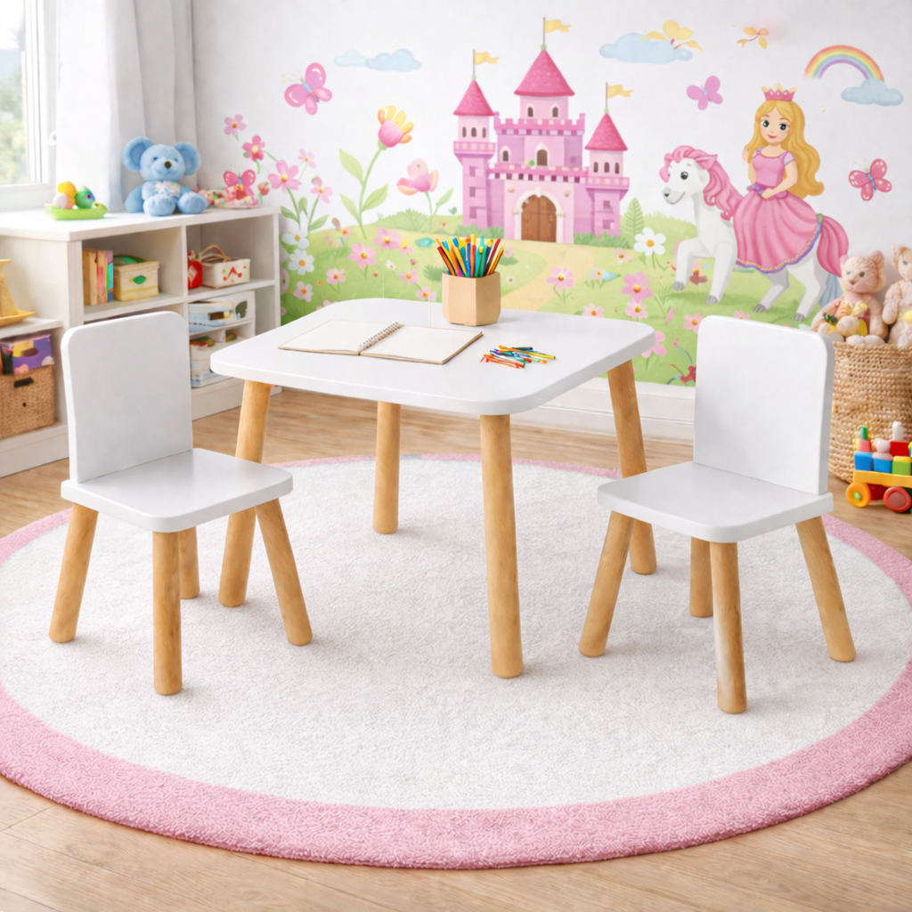 Mesa Infantil 60x60 MDF Com 2 Cadeiras Branca Pés Madeira Criança Resistente Educativo