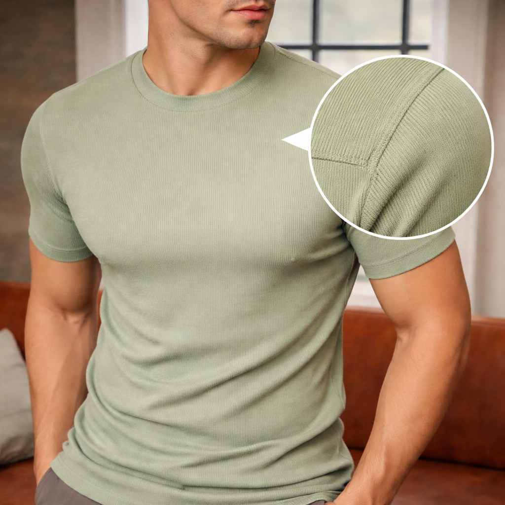 Camiseta Básica Masculina Texturizada Canelada Slim Malha Macia com Elastano Camisa Premium