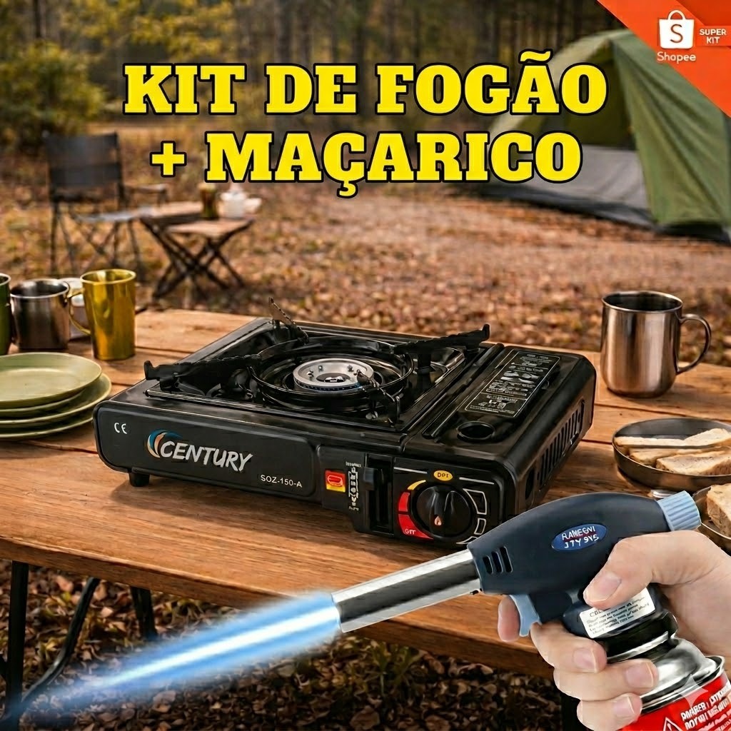 kit Fogareiro Portátil + Maçarico Compacto Maleta Multiuso Lancheira Churrasqueira