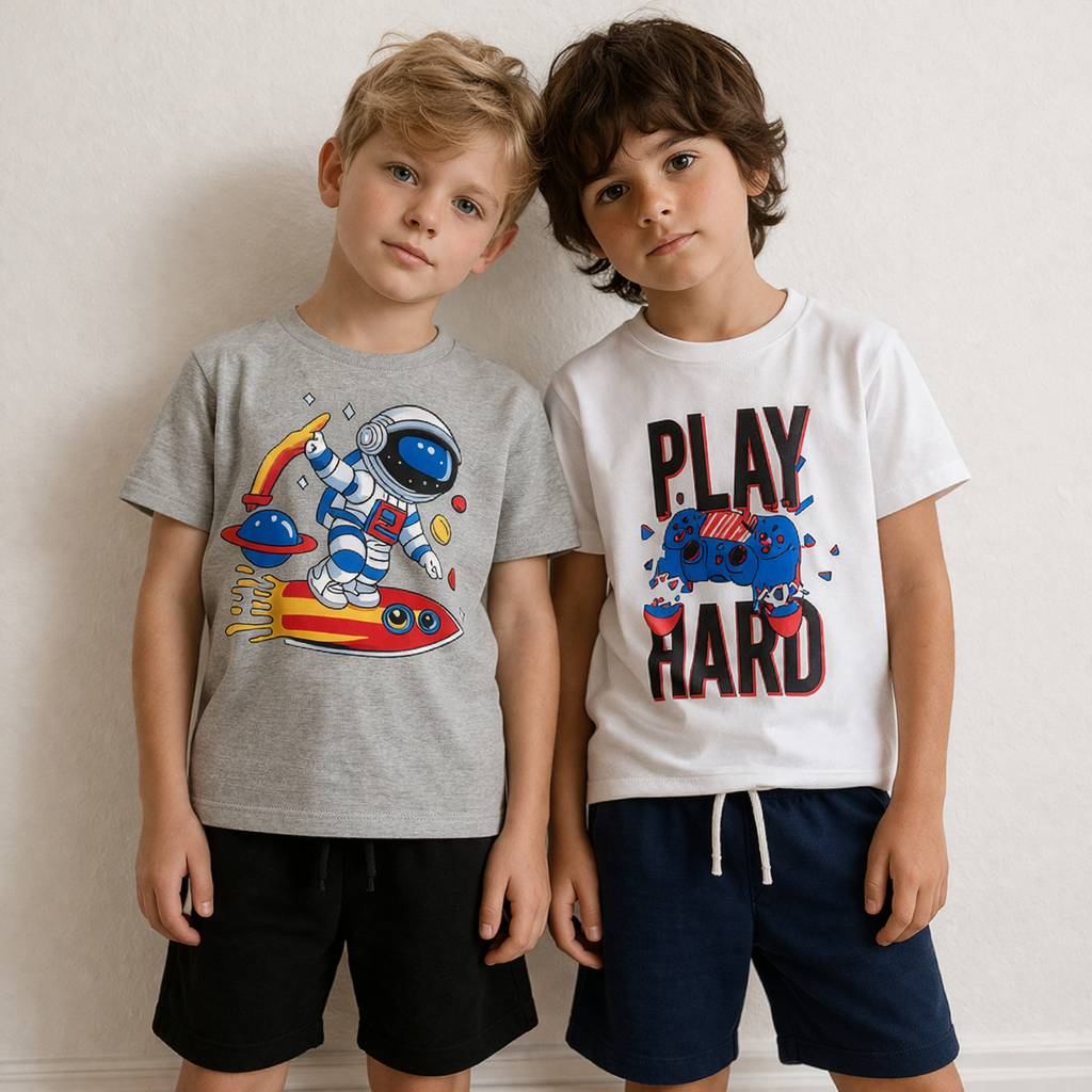 Conjunto Infantil Menino Verão Camiseta 100% Algodão e Bermuda Moletinho Cores Sortidas Roupa Masculina 2 a 12 Anos