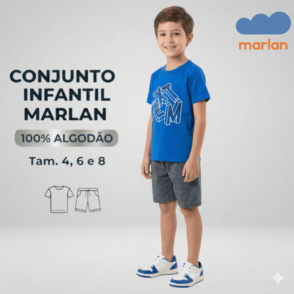 Conjunto Infantil Menino Verão Marlan Camiseta e Bermuda 4 a 8 Roupa Infantil