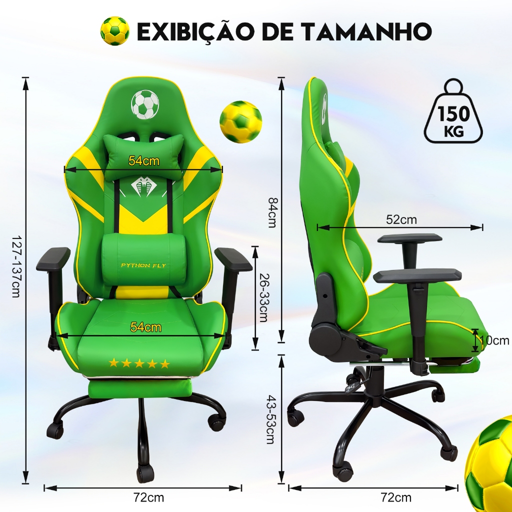 Cadeira Gamer Futebol Brasil Ergonômica 200kg Reclinável Apoio Pés Giratória Couro PU Computador PC · foto 2