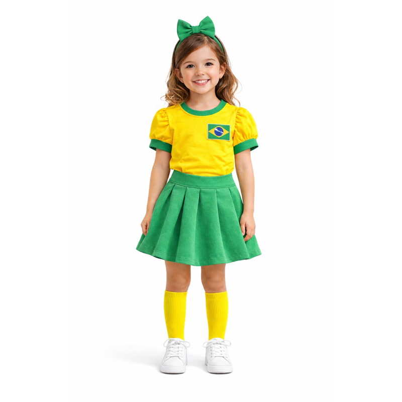 Conjunto infantil Brasil roupa brasil menina blusa shorts saia verde amarelo