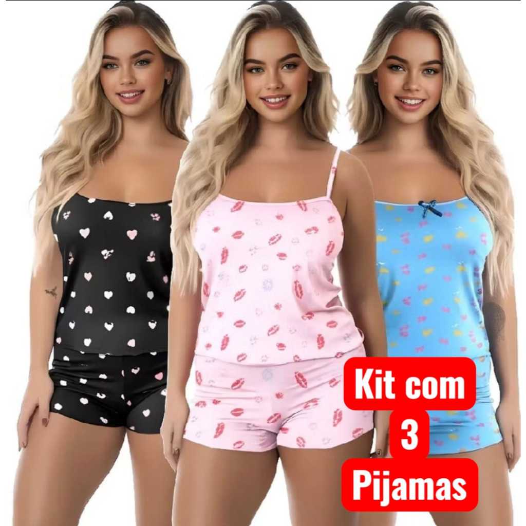 KIT 3 PIJAMAS BABY DOLL FEMININO LINGERIE CONFORTÁVEL TECIDO LEVE E FRESCO -- SUPER PROMOÇÃO --