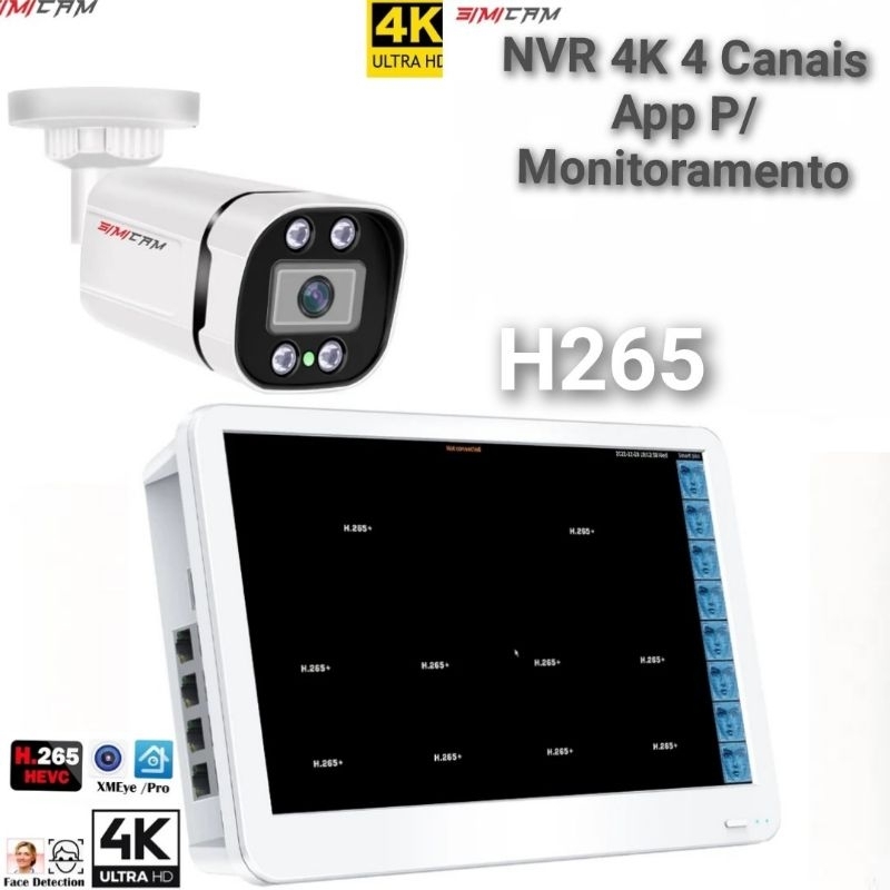 NVR 4K Poe 4 Canais  Monitor em HD 2 em 1+Câmera sistema de segurança Display de