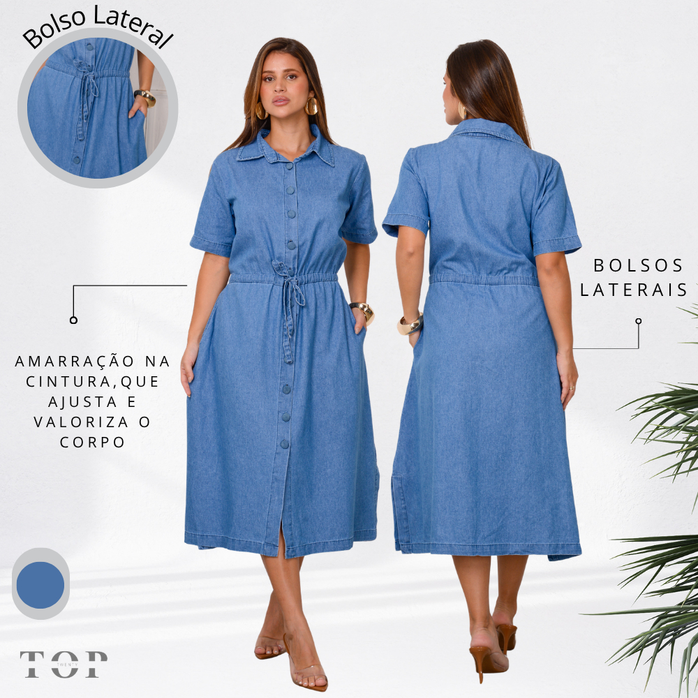 Vestido Jeans Chemise Midi Feminino com Botões e Amarração e Bolso lateral