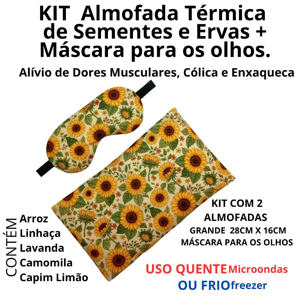 KIT Almofada térmica de sementes e ervas + mascara para olhos, alivio de cólicas, dores musculares, inchaço nos olhos.