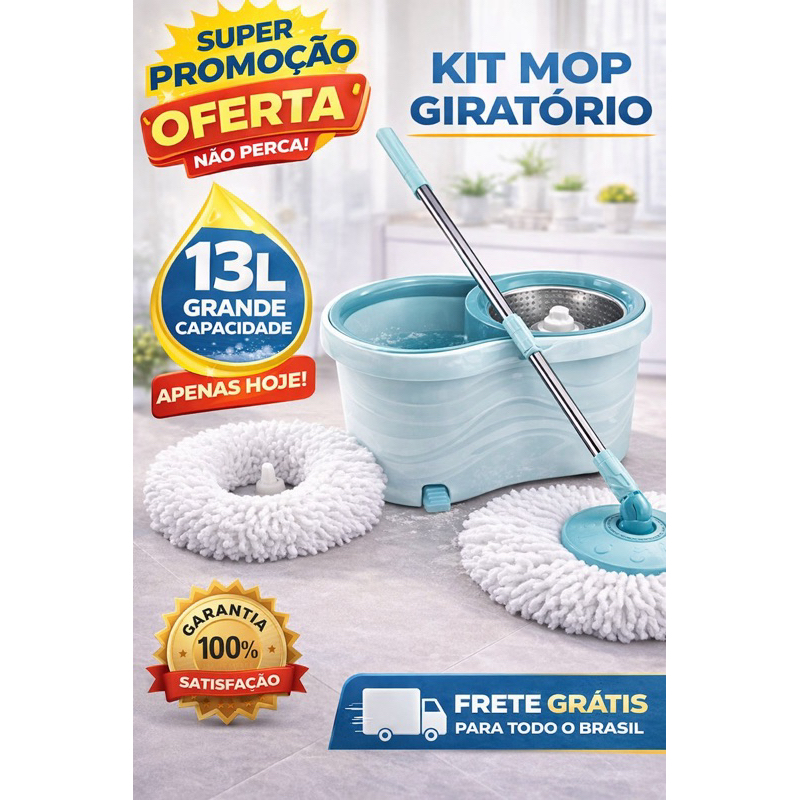 Mop Giratório 13 Litros com Sistema de Centrifugação Inox e Refil de Microfibra