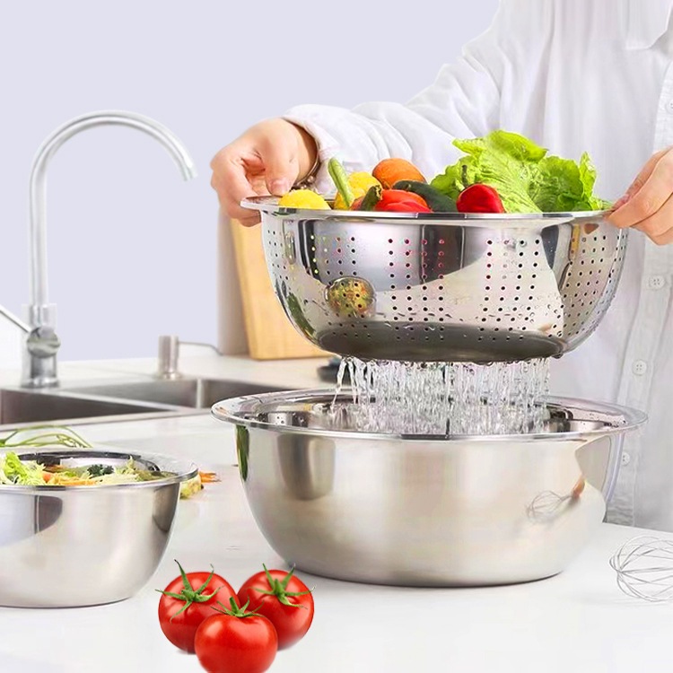 Detalhes do Conjunto 3 em 1 Inox Ralador com Tigelas | Escorredor + Bacia + Fatiador Multifuncional