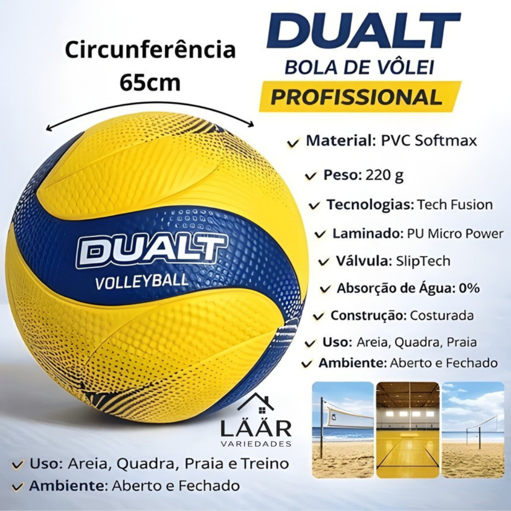 Bola de Vôlei Dualt VP200 Profissional Microfibra Para Areia Quadra Bomba Para Encher Bola Amarela