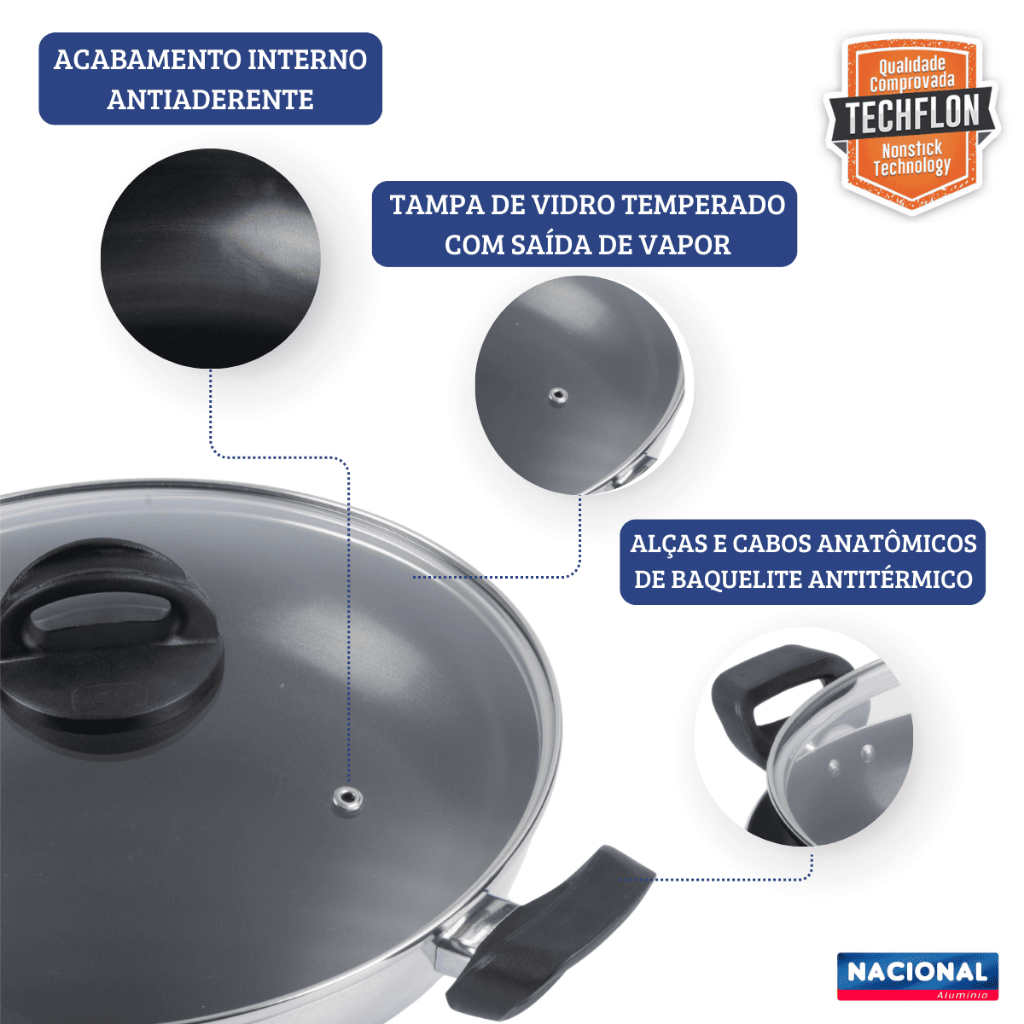 Wok Antiaderente Tampa De Vidro 32Cm 4L Polido Nacional