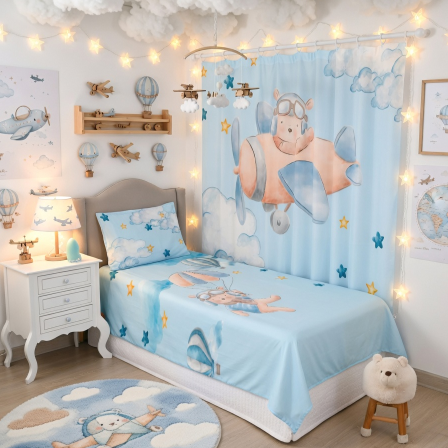 Kit Cobre Leito Infantil Ursinho Aviador + Fronha + Cortina Quarto Completo Lançamento Bibi Promoção
