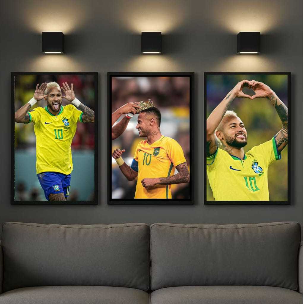 Kit 3 quadros Neymar jogador brasileiro camisa 10 futebol decoração quarto sala parede moderno