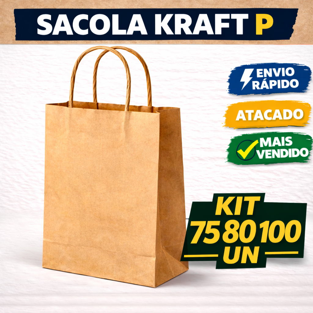 Sacola Kraft P 20x15x7 Kit 75 80 100un | Grande Volume Embalagem Resistente Delivery