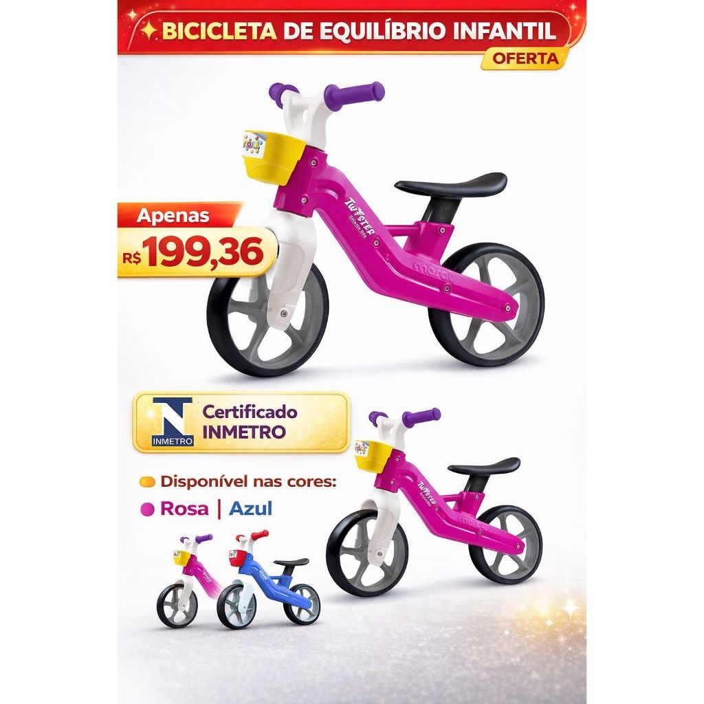 BICICLETA BIKE EQUILIBRIO INFANTIL SEM PEDAL, 2 RODAS, PRIMEIRA BICICLETA