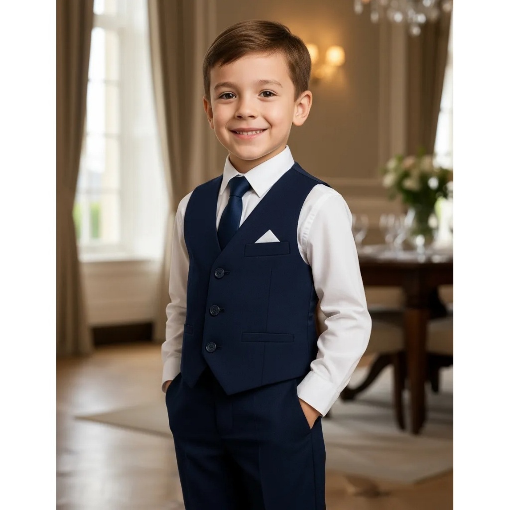 Terno Social Infantil Conjunto Calça Camisa Social Gravata Colete Luxo Do 4 Ao 12  Marinho