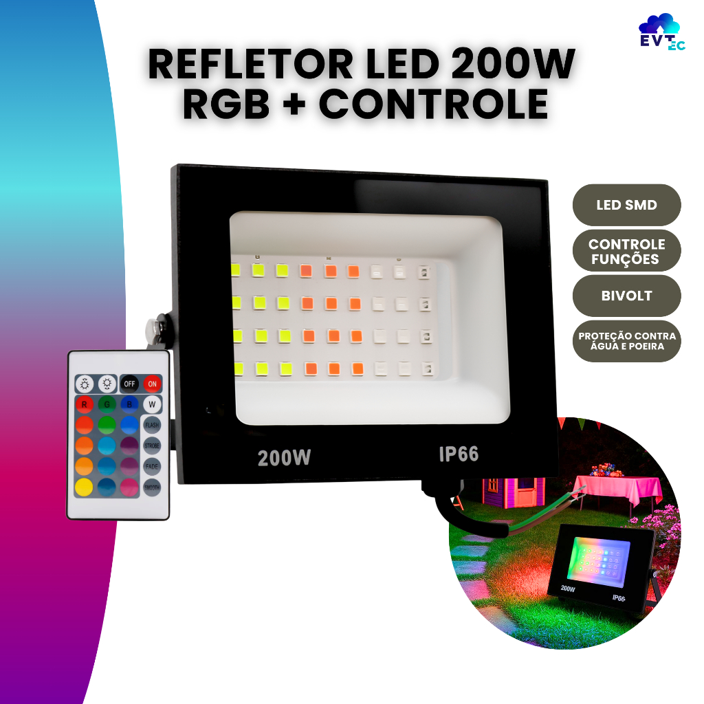 Refletor Led Holofote 200w Rgb Colorido Bivolt C/ Controle