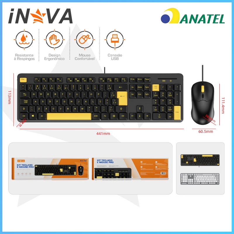 INOVA teclado e mouse Kit Completo 107 Teclas ABNT e ANATEL， Keyboard e mouse para Jogos Escritório ou Uso Diário，kv792