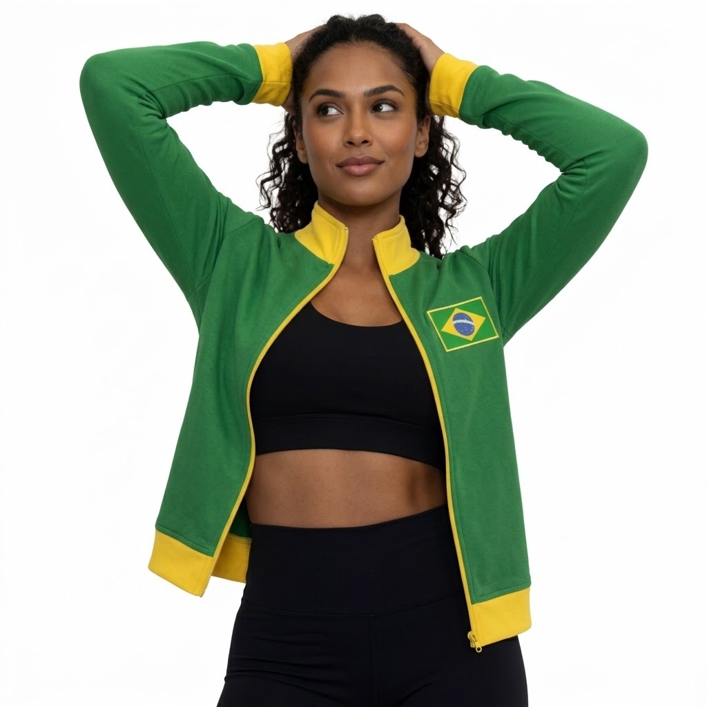 Casaquinho Fitness Feminino Brasil Copa 2026 em Suplex com Zíper | Manga Longa com Dedão | Jaqueta Esportiva Academia