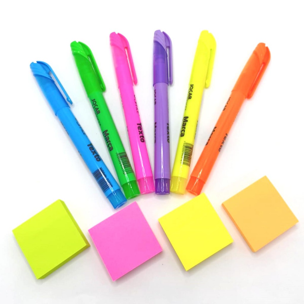 kit marca texto + post it neon 6 marcadores e 4 blocos adesivos em Oferta na Shopee