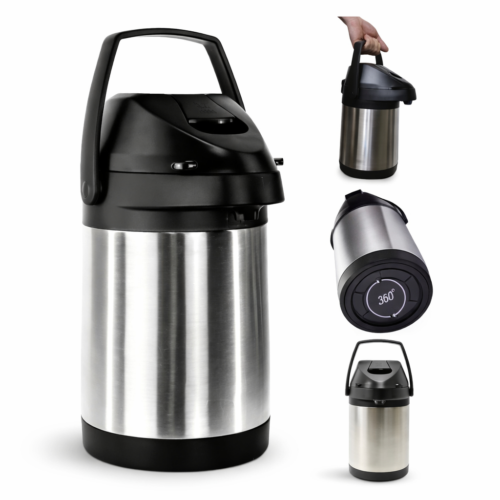 Garrafa Térmica Aço Inox Detalhes em Preto 2,5L Água, Café, Tereré, Chá, Quente e Frio