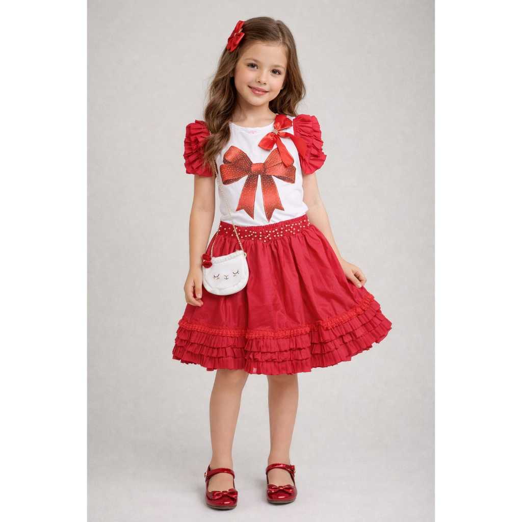 Conjunto Infantil Feminino Luxo Saia Tule + Blusa Estampada Festa Menina Delicada Fashion Moderno