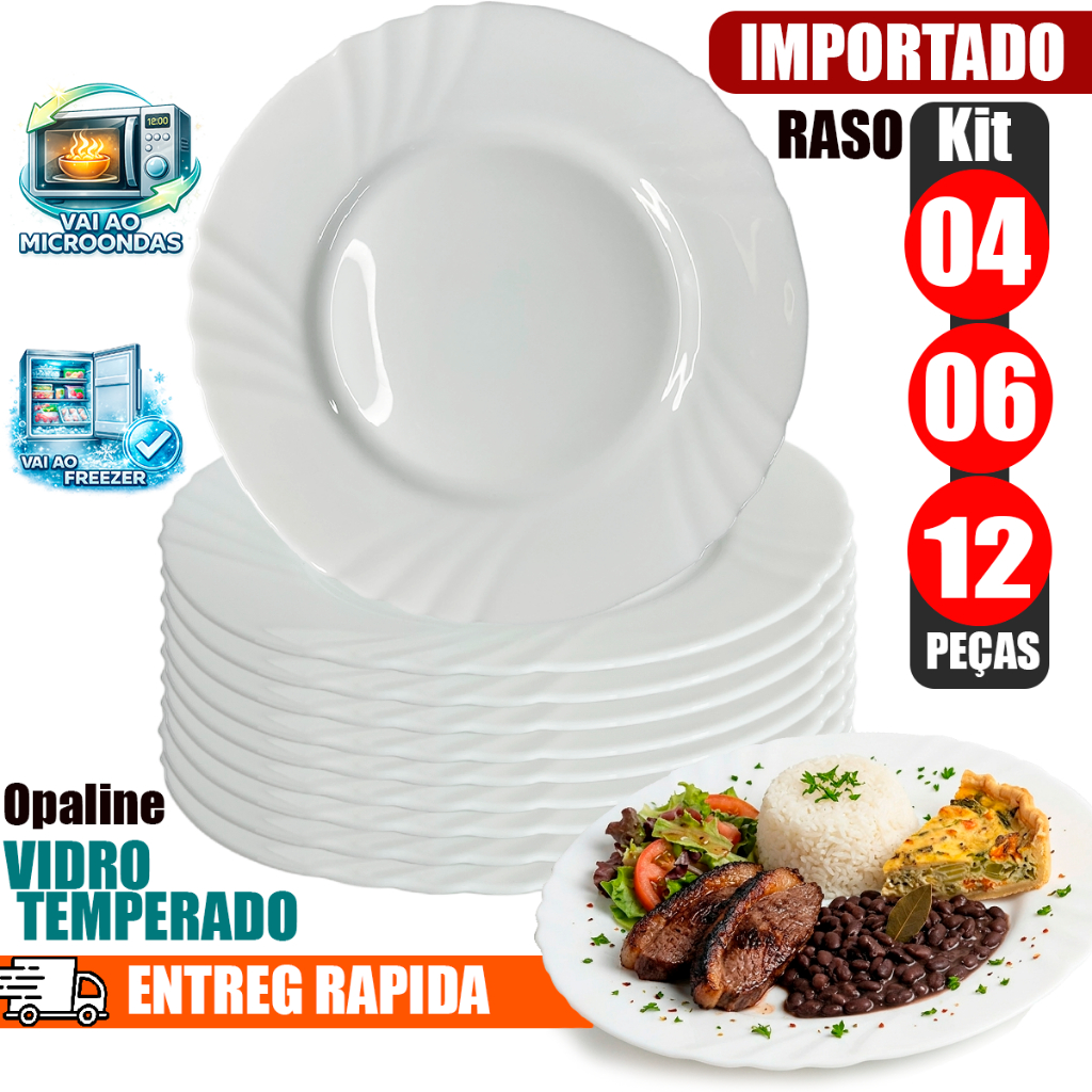 Jogo Pratos 04/06/12 Unidades Prato Raso em Vidro Branco Opaline Resistente Importado Almoço ou Jantar