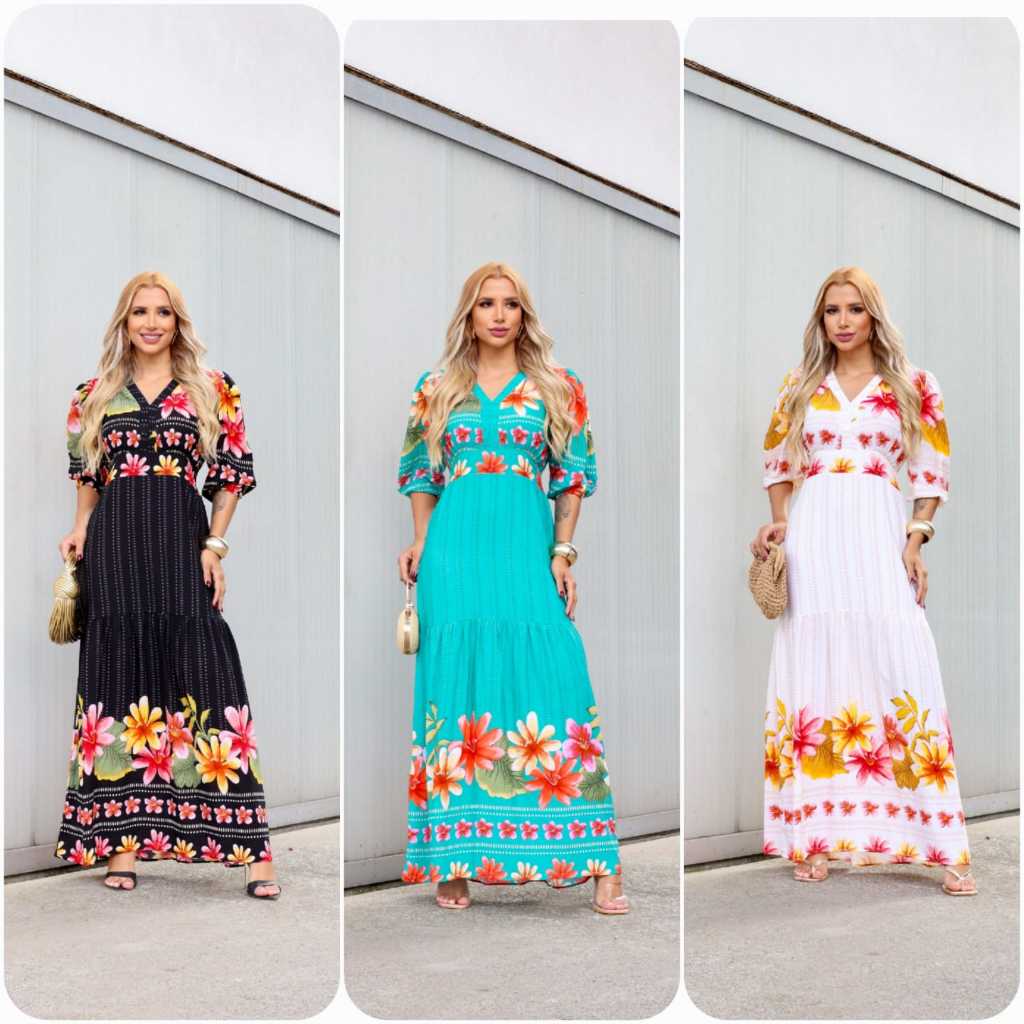 vestido longo floral viscolinho barrado manga 3/4 decote V
