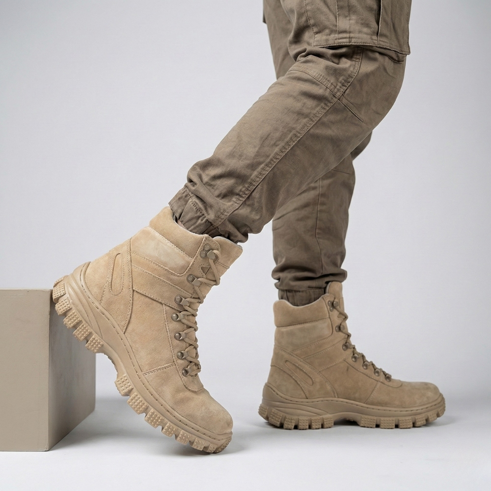 Bota Coturno Militar Segurança Cano Médio Em Couro Cor Areia e Preto em Oferta na Shopee