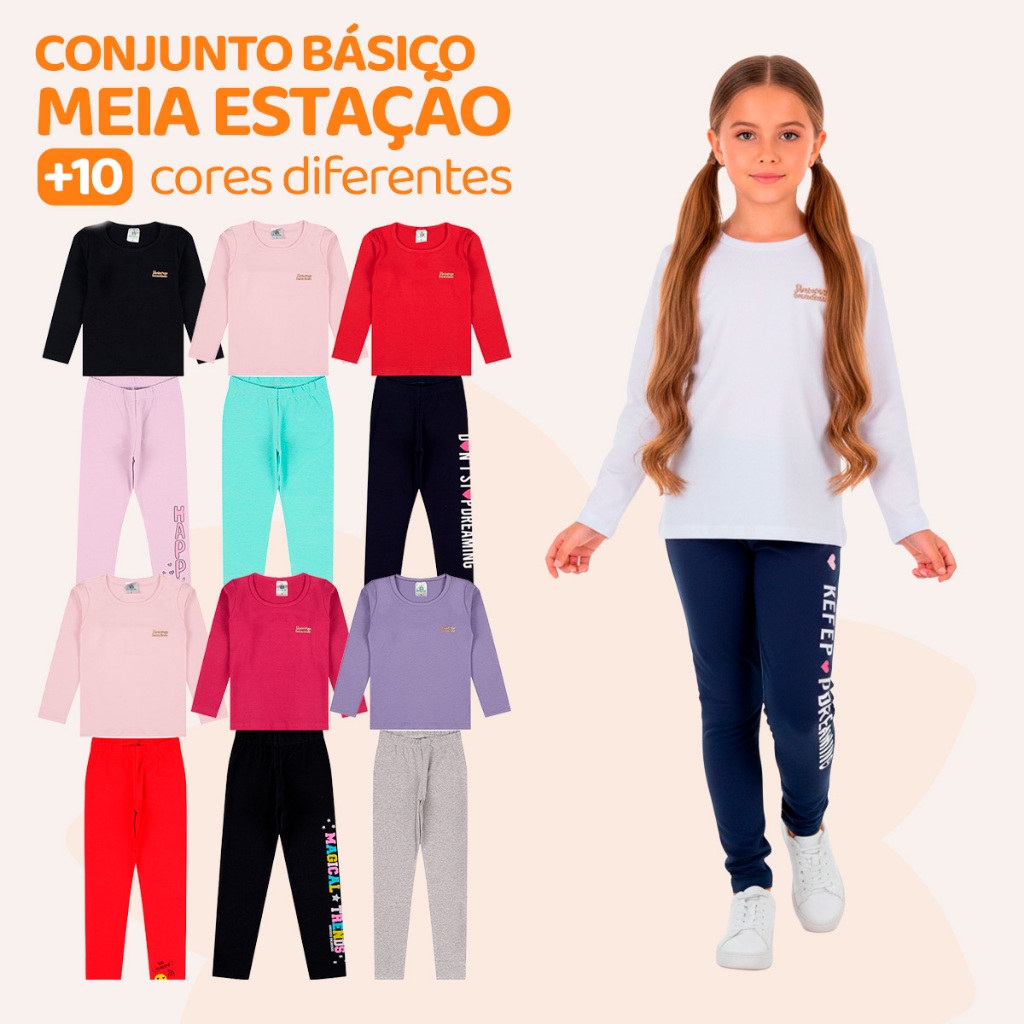 Kit 4 Peças Conjunto Blusa Manga longa e Legging Menina Infantil