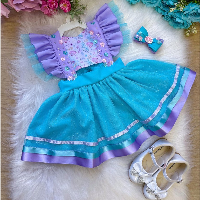 Vestido Sereia Infantil FestaTemático Fundo do Mar Lilas Bebê Princesa - Festinha e Aniversários Temáticos Romper Sereia