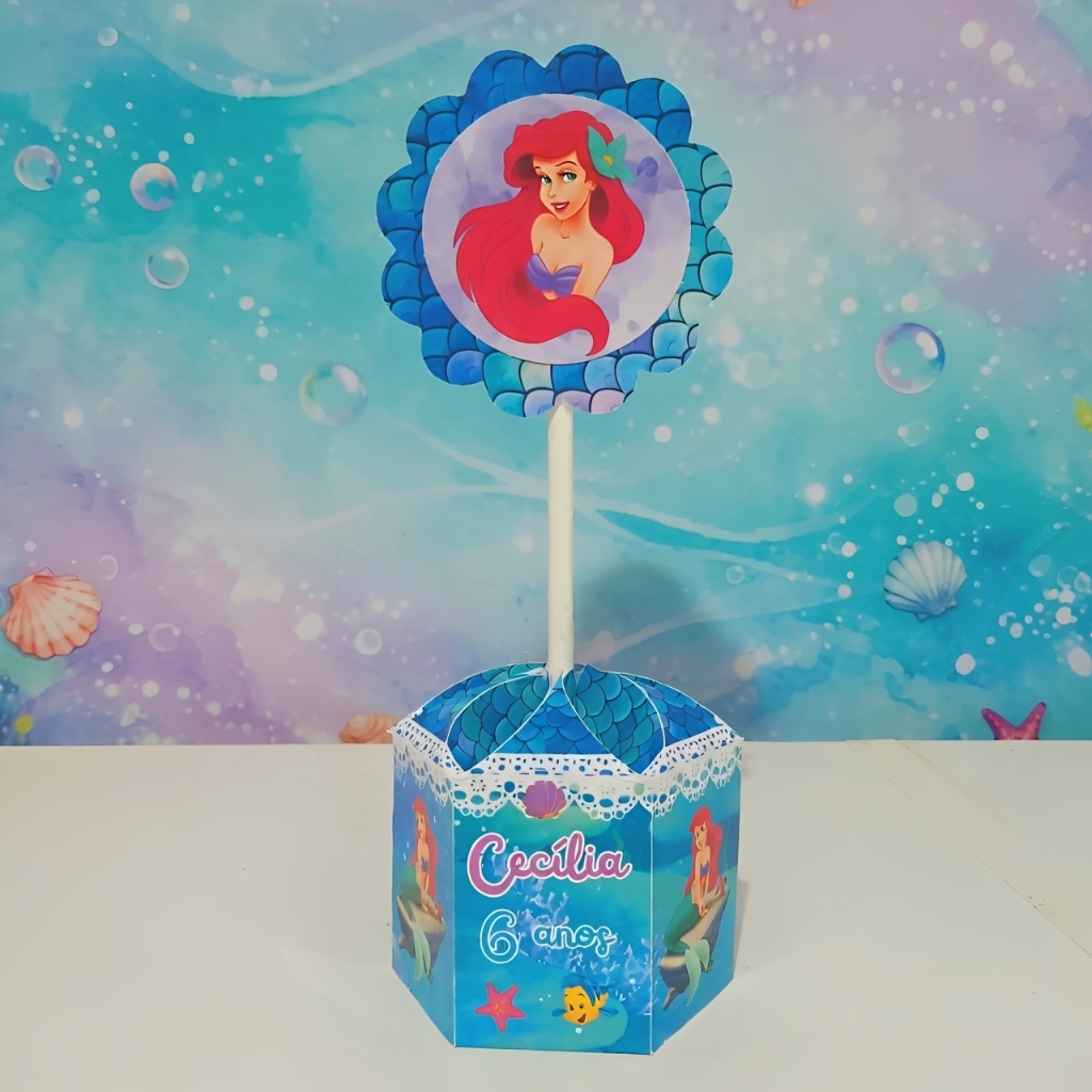 Pegue e Monte / Centro de Mesa Personalizado P - Pequena Sereia Ariel - Caixa Sextavada Festa Aniversário infantil
