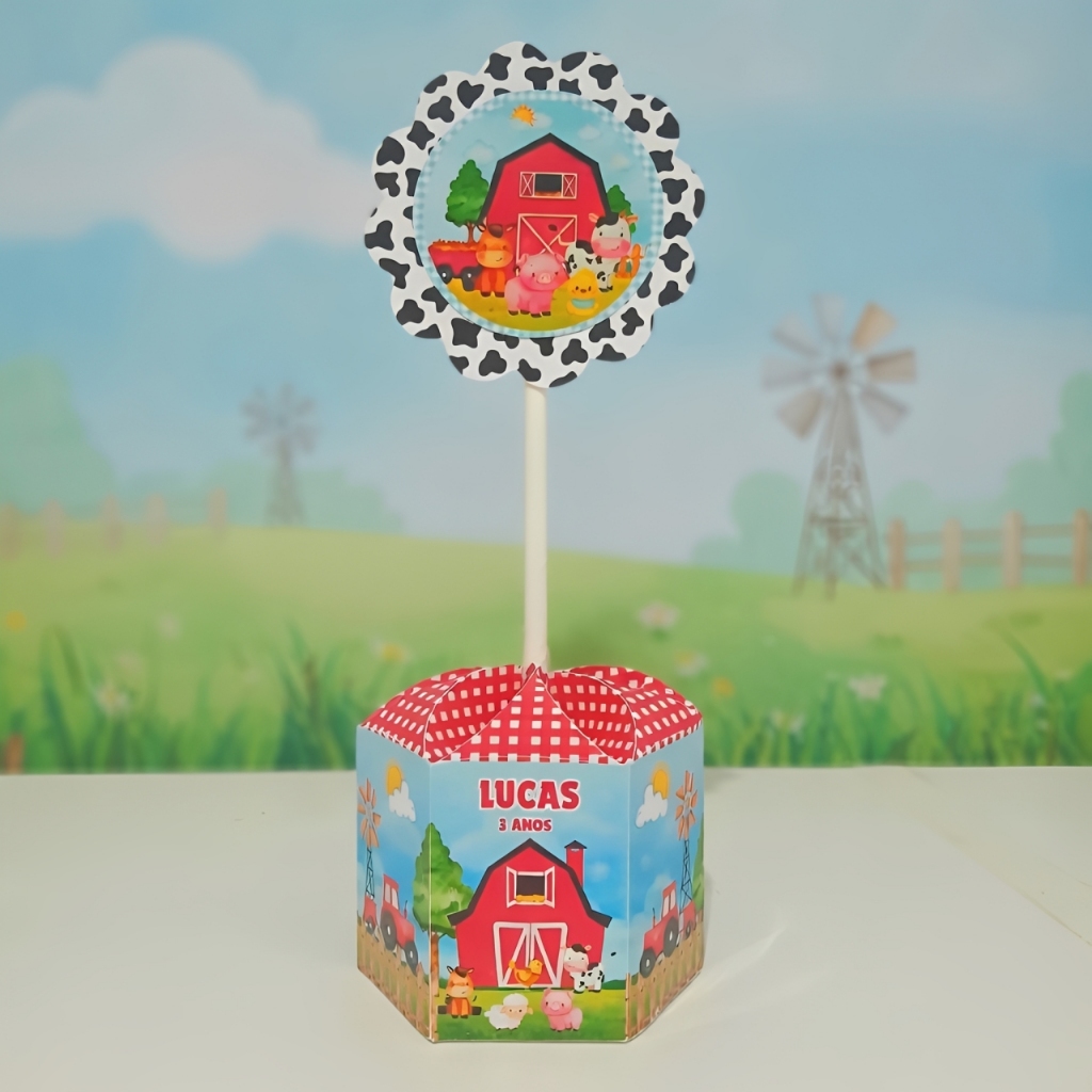 Pegue e Monte / Centro de Mesa Personalizado P - Fazendinha Aquarela - Caixa Sextavada Festa Aniversário infantil