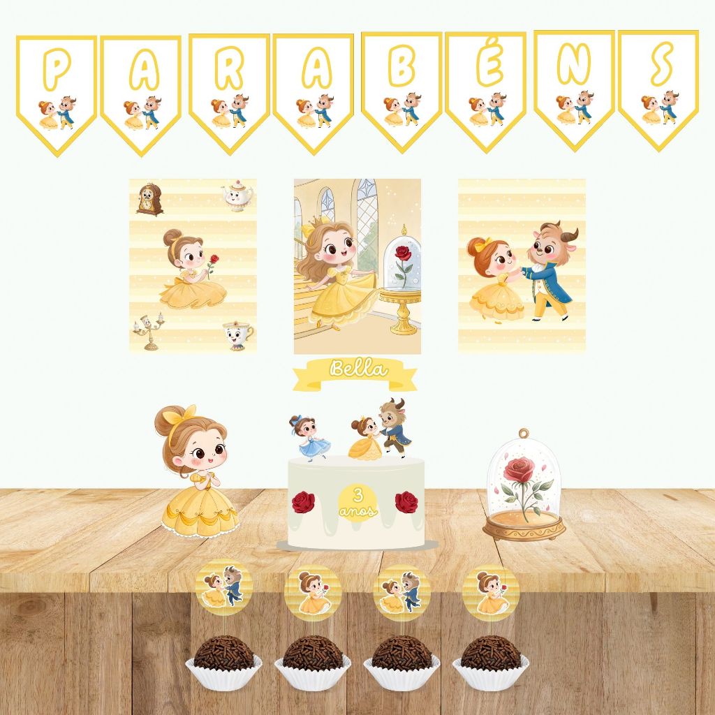 Kit Só Um Bolinho  Bela e a fera cute| Topo de bolo + Bandeirola+ Poster + Tags de doce+ Display | Decoração Festa
