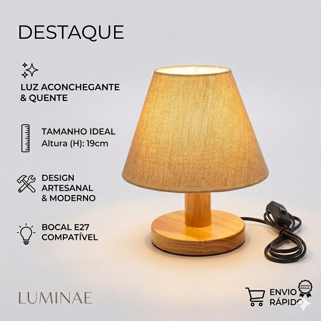 "Abajur de Mesa Quarto Sala Base Madeira Cúpula Tecido Aconchego Cabeceira Pende de Luz Bocal E27"+ BRINDE ESPECIAL.