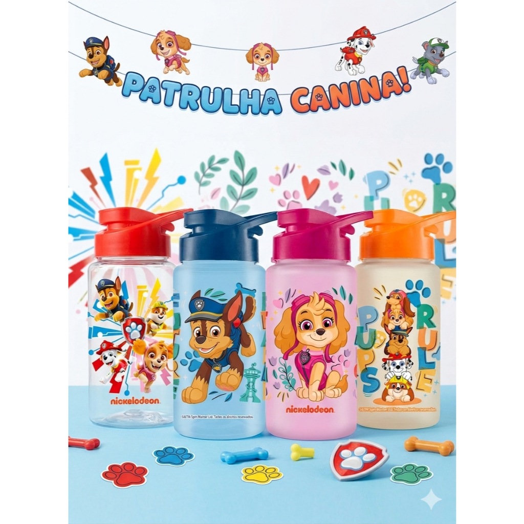 Garrafa Squeeze Bottle  Patrulha Canina 500ml Garrafinha Infatil Academia Creche Escola