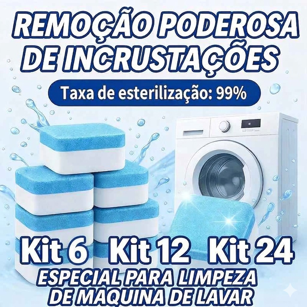 KIT 6/12/24/36 Pastilhas para Limpeza de Máquinas de Lavar Roupas Efervescentes Multifuncional