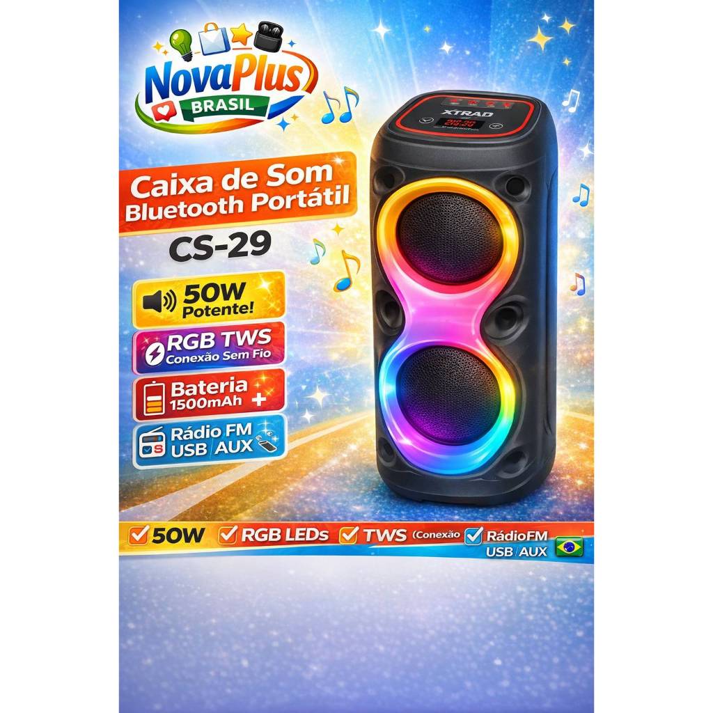 Imagem Caixa de Som Bluetooth Portátil 50W RGB TWS Sem Fio CS-29 com Rádio FM USB Aux Bateria 1500mAh
