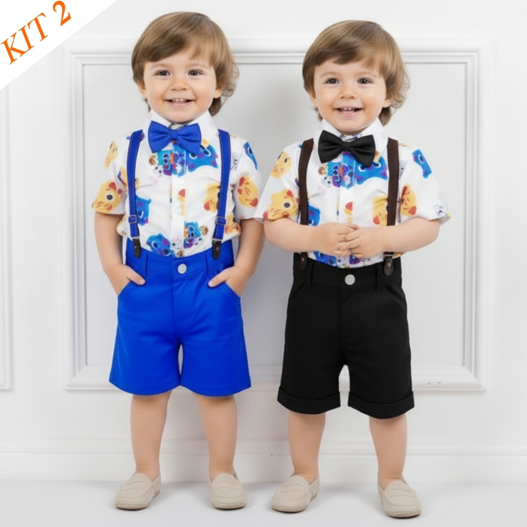 Kit 2 Peças Infantil Menino Camisa Social Bermuda Roupa Elegante Festa 3 Meses a 6 Anos