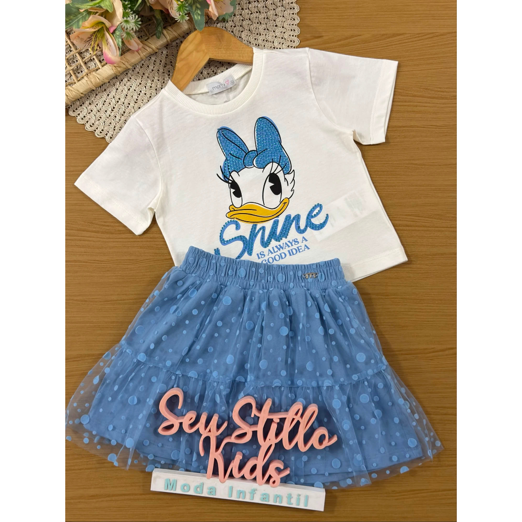 Conjunto Infantil Momi Inverno com Saia Azul e Blusa Manga Curta Margarida Disney