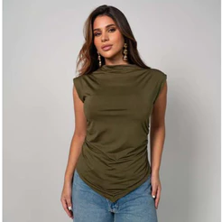 Blusa Feminina Gola Alta de Bico Frontal e Lateral Drapeada Moda Elegante Outono Inverno