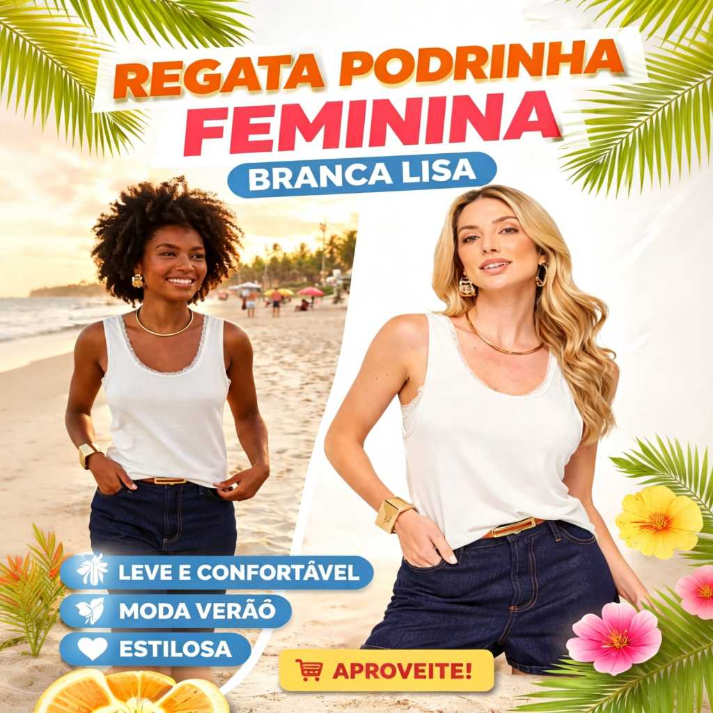 Regata Feminina Podrinha Branca Básica Cavada Tamanho Único