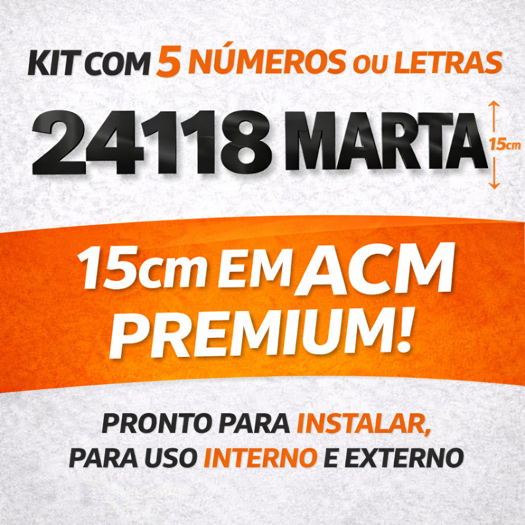 Kit 5 Números ou Letras ACM Preto 15cm para Casa Endereço Porta Portão com Dupla Face Fácil Instalação